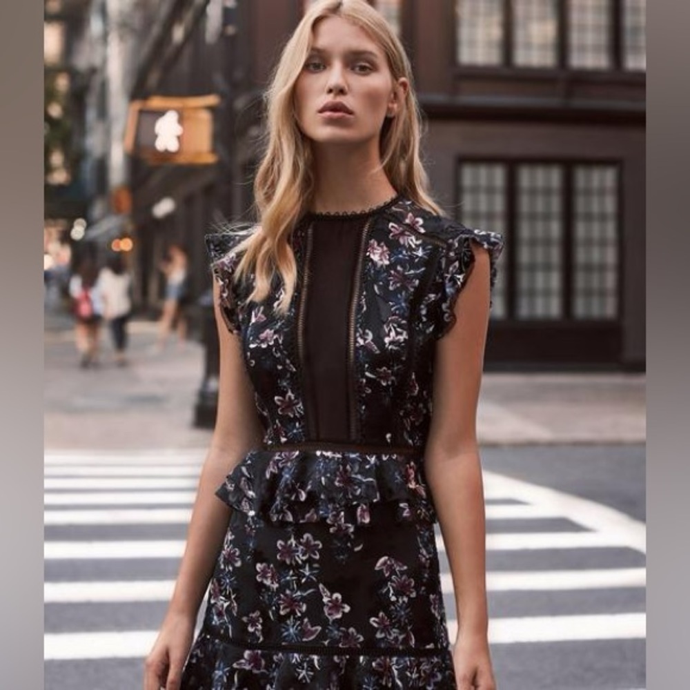NWT Reiss Alexandra Floral Printed Mini Dress In Black Floral sheer cut outs 10